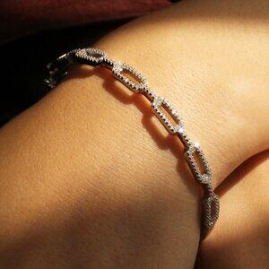 Paperclip Chain Bangle Bracelet | 6mm Pavé CZ in Rhodium-Plated Sterling Silver